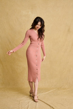 hello ronron | Sophia Dress Rosewood Pink | V-neck Longsleeve Mother of Pearl Button-down Midi Cable Knit Dress