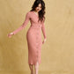 hello ronron | Sophia Dress Rosewood Pink | V-neck Longsleeve Mother of Pearl Button-down Midi Cable Knit Dress