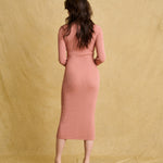hello ronron | Sophia Dress Rosewood Pink | V-neck Longsleeve Mother of Pearl Button-down Midi Cable Knit Dress