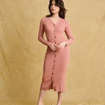 hello ronron | Sophia Dress Rosewood Pink | V-neck Longsleeve Mother of Pearl Button-down Midi Cable Knit Dress