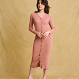 hello ronron | Sophia Dress Rosewood Pink | V-neck Longsleeve Mother of Pearl Button-down Midi Cable Knit Dress