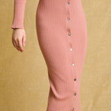 hello ronron | Sophia Dress Rosewood Pink | V-neck Longsleeve Mother of Pearl Button-down Midi Cable Knit Dress