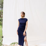 hello ronron | Louise Dress Oxford Blue | Cowl Neck Tie-Detail Off-Shoulder High-Slit Maxi Ribbed Knit Dress