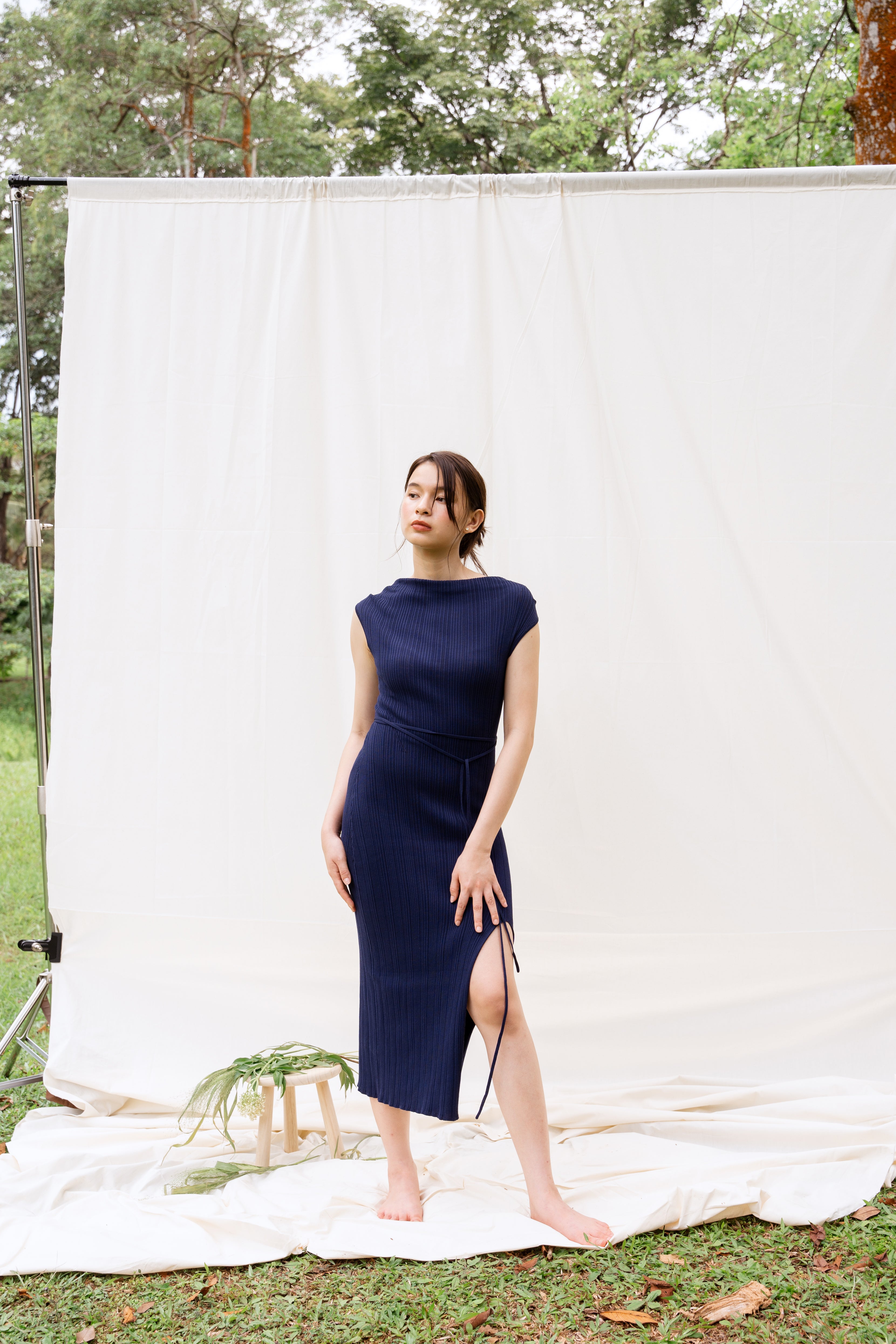 hello ronron | Louise Dress Oxford Blue | Cowl Neck Tie-Detail Off-Shoulder High-Slit Maxi Ribbed Knit Dress