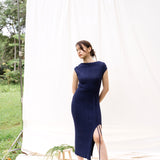 hello ronron | Louise Dress Oxford Blue | Cowl Neck Tie-Detail Off-Shoulder High-Slit Maxi Ribbed Knit Dress