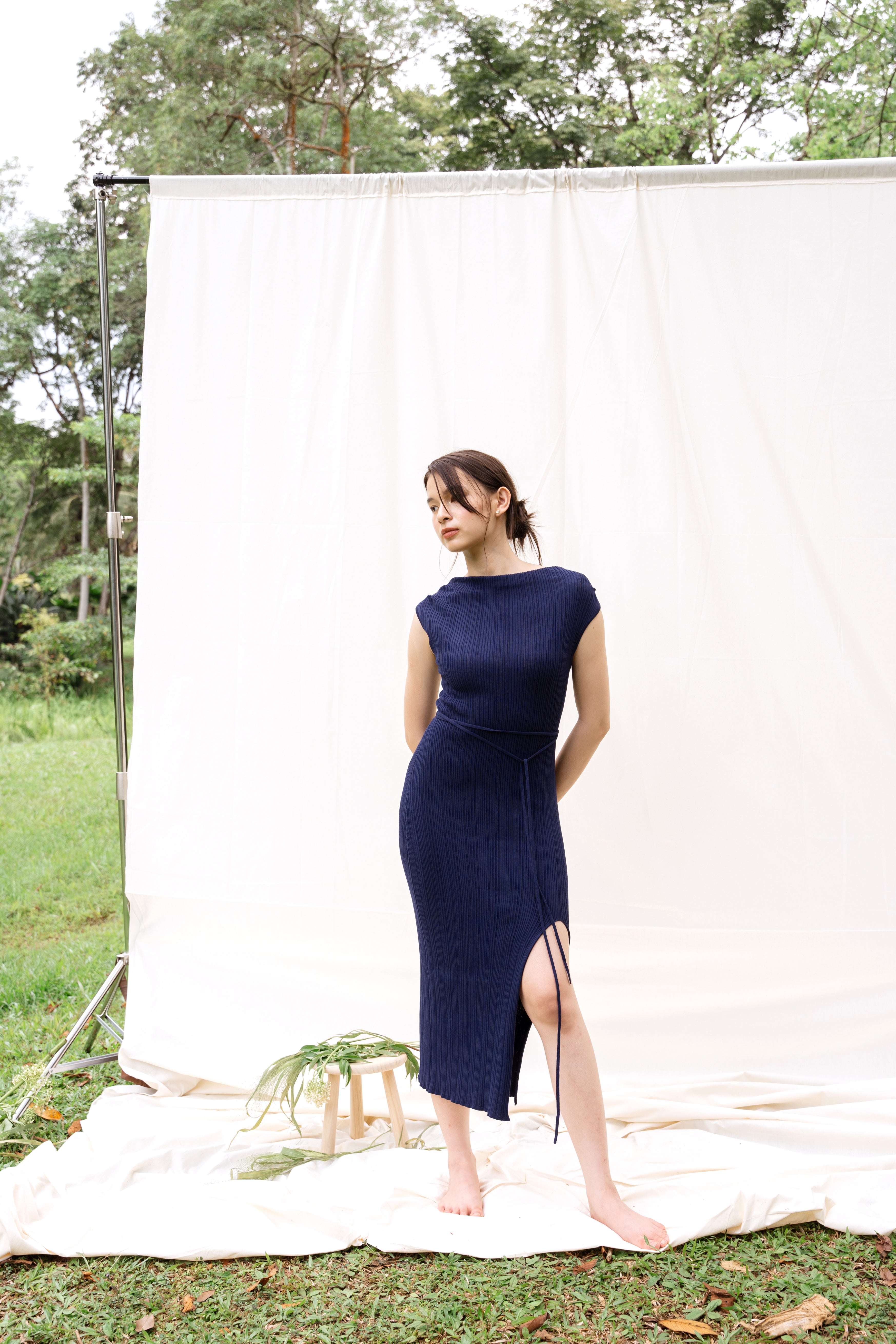 hello ronron | Louise Dress Oxford Blue | Cowl Neck Tie-Detail Off-Shoulder High-Slit Maxi Ribbed Knit Dress