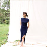 hello ronron | Louise Dress Oxford Blue | Cowl Neck Tie-Detail Off-Shoulder High-Slit Maxi Ribbed Knit Dress