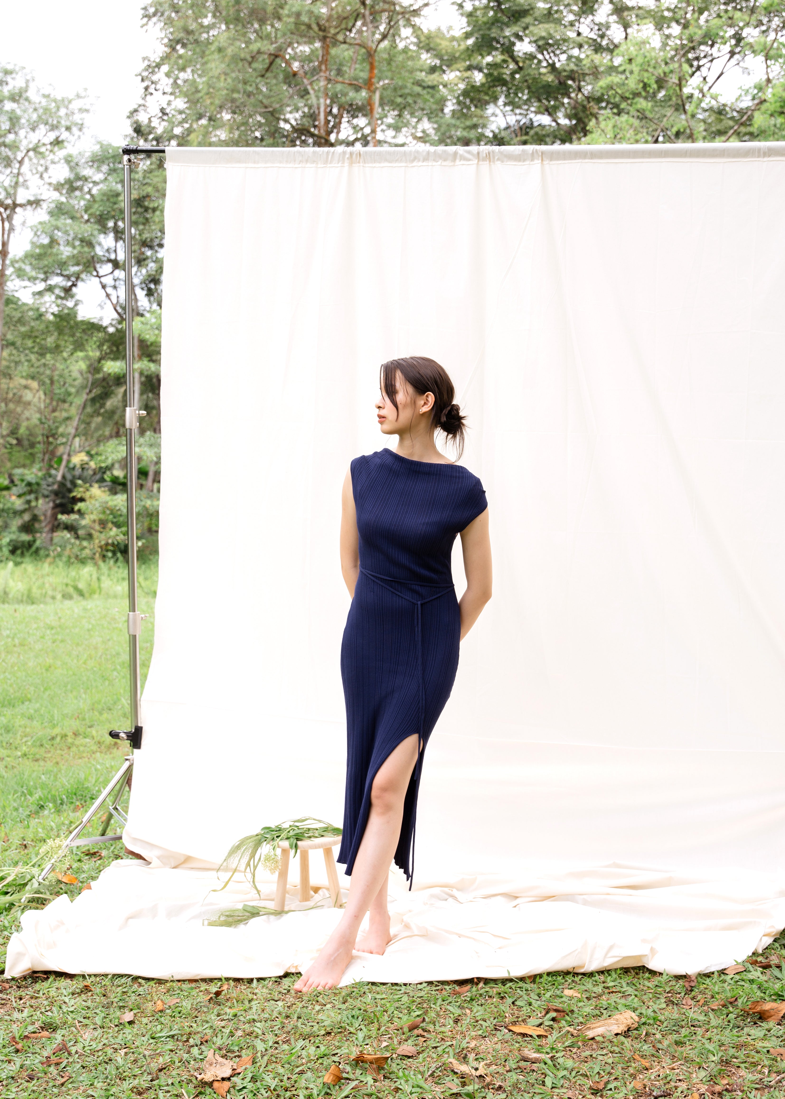 hello ronron | Louise Dress Oxford Blue | Cowl Neck Tie-Detail Off-Shoulder High-Slit Maxi Ribbed Knit Dress