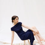 hello ronron | Louise Dress Oxford Blue | Cowl Neck Tie-Detail Off-Shoulder High-Slit Maxi Ribbed Knit Dress