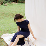 hello ronron | Louise Dress Oxford Blue | Cowl Neck Tie-Detail Off-Shoulder High-Slit Maxi Ribbed Knit Dress