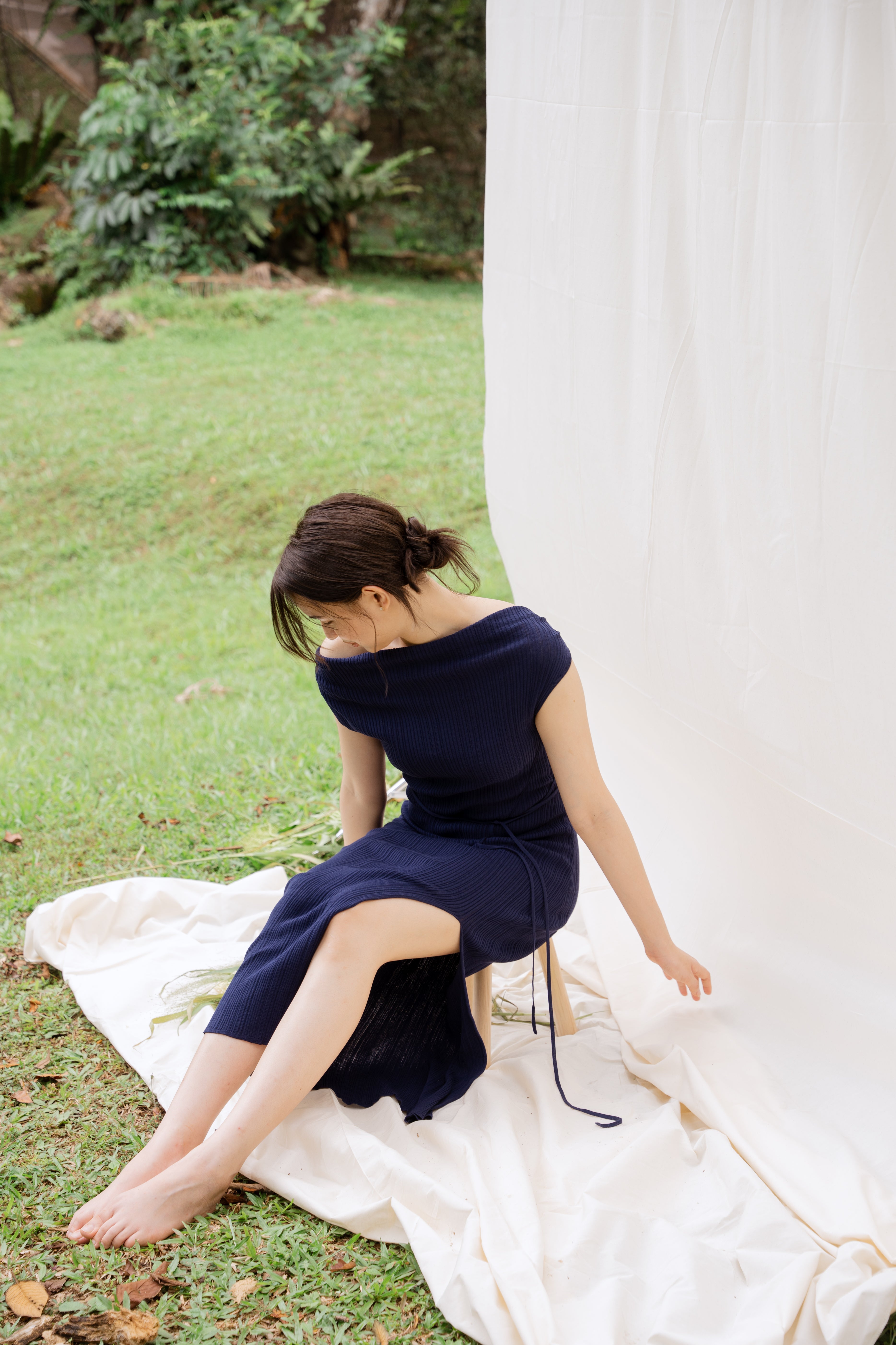 hello ronron | Louise Dress Oxford Blue | Cowl Neck Tie-Detail Off-Shoulder High-Slit Maxi Ribbed Knit Dress