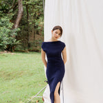 hello ronron | Louise Dress Oxford Blue | Cowl Neck Tie-Detail Off-Shoulder High-Slit Maxi Ribbed Knit Dress