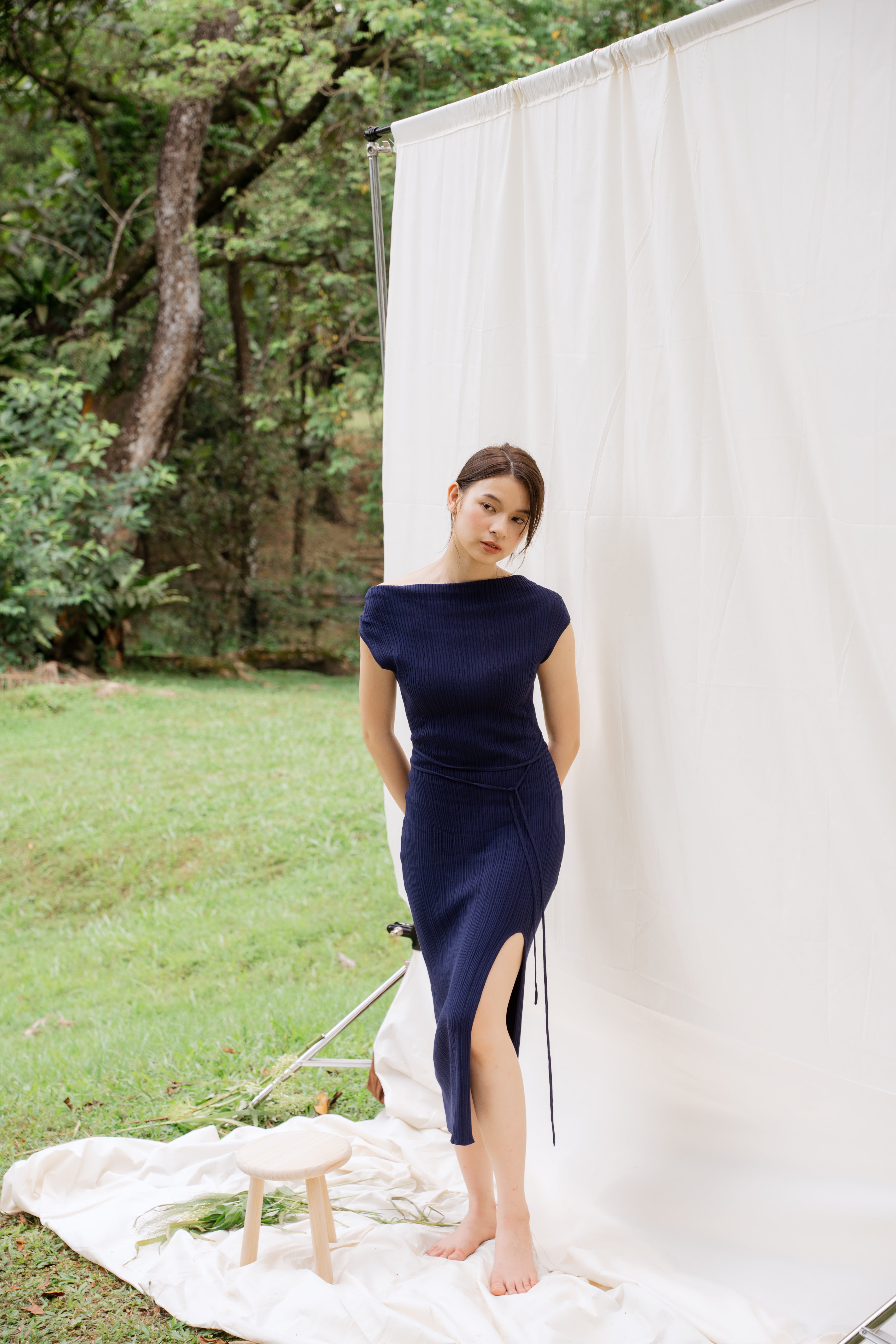 hello ronron | Louise Dress Oxford Blue | Cowl Neck Tie-Detail Off-Shoulder High-Slit Maxi Ribbed Knit Dress