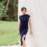 hello ronron | Louise Dress Oxford Blue | Cowl Neck Tie-Detail Off-Shoulder High-Slit Maxi Ribbed Knit Dress
