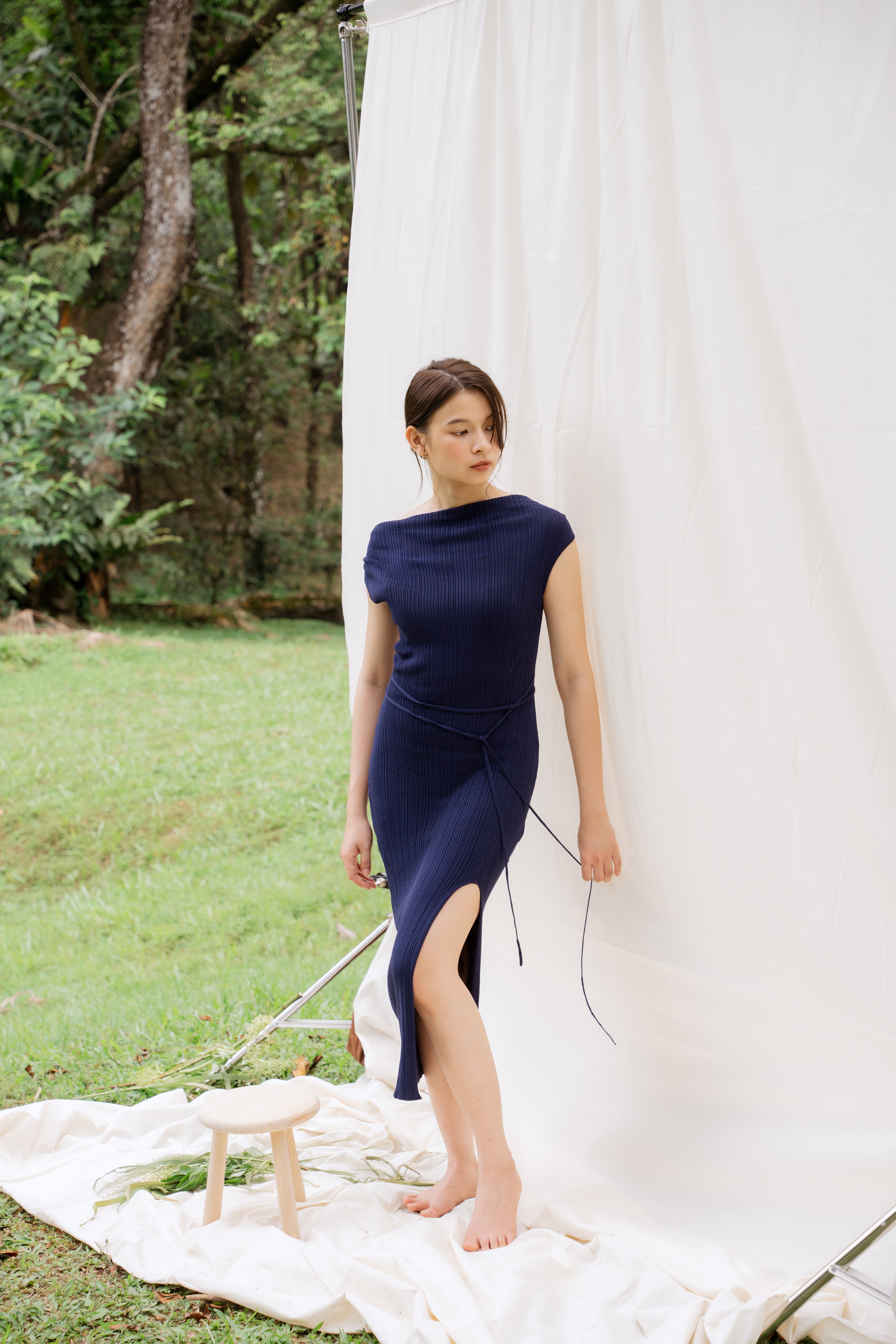 hello ronron | Louise Dress Oxford Blue | Cowl Neck Tie-Detail Off-Shoulder High-Slit Maxi Ribbed Knit Dress