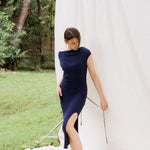 hello ronron | Louise Dress Oxford Blue | Cowl Neck Tie-Detail Off-Shoulder High-Slit Maxi Ribbed Knit Dress