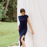 hello ronron | Louise Dress Oxford Blue | Cowl Neck Tie-Detail Off-Shoulder High-Slit Maxi Ribbed Knit Dress