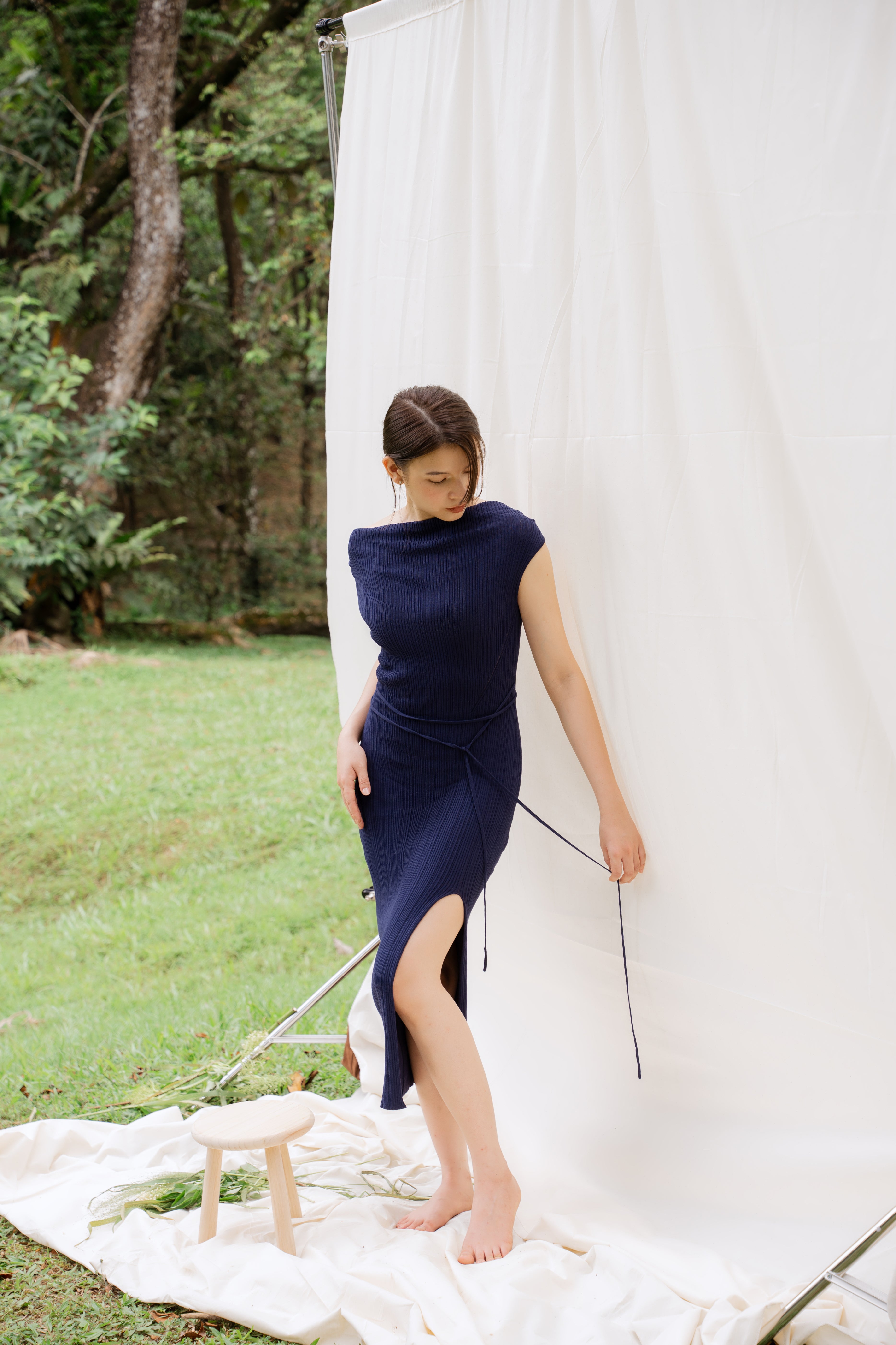 hello ronron | Louise Dress Oxford Blue | Cowl Neck Tie-Detail Off-Shoulder High-Slit Maxi Ribbed Knit Dress