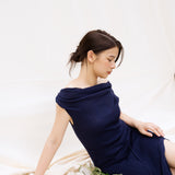 hello ronron | Louise Dress Oxford Blue | Cowl Neck Tie-Detail Off-Shoulder High-Slit Maxi Ribbed Knit Dress
