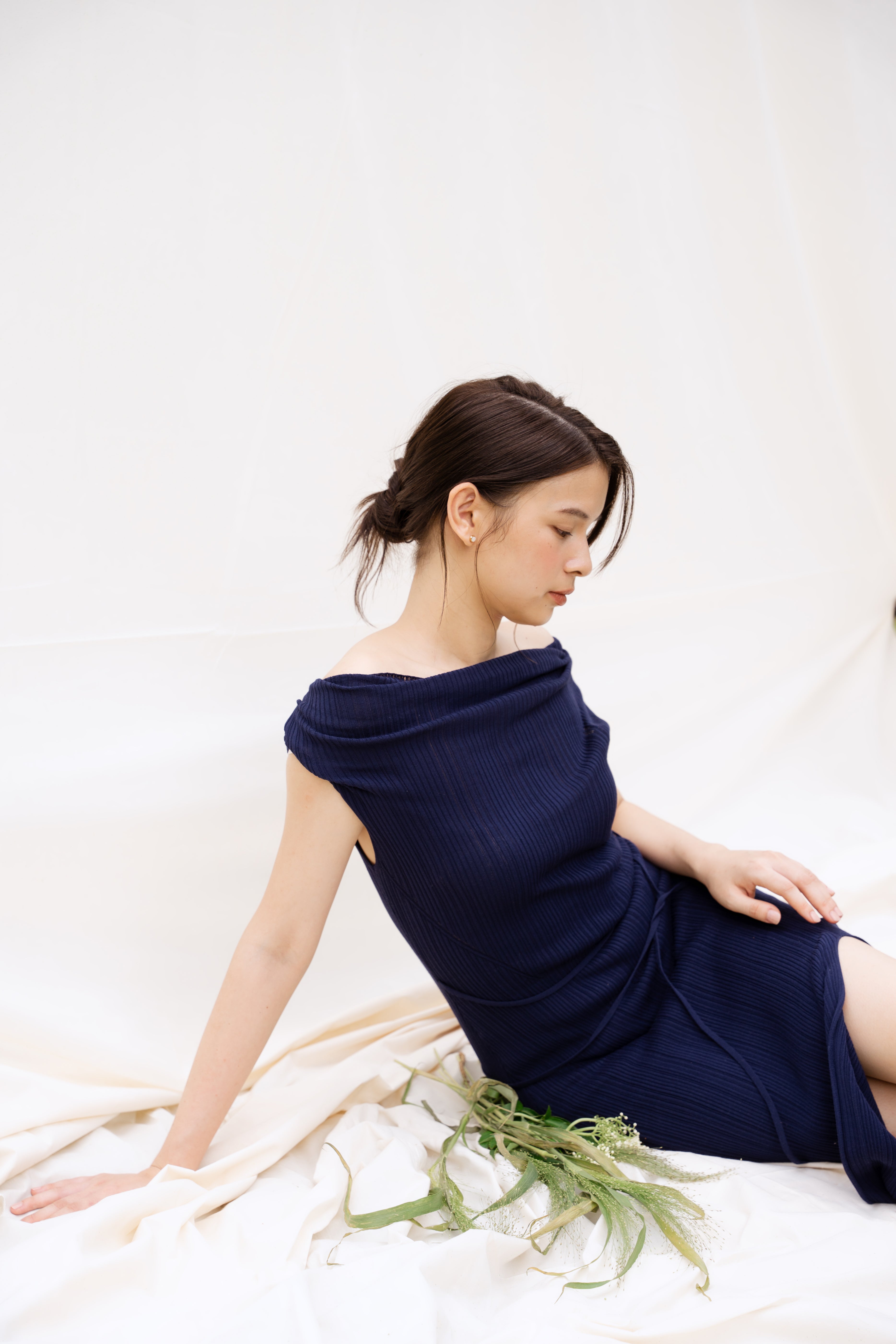 hello ronron | Louise Dress Oxford Blue | Cowl Neck Tie-Detail Off-Shoulder High-Slit Maxi Ribbed Knit Dress