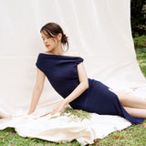 hello ronron | Louise Dress Oxford Blue | Cowl Neck Tie-Detail Off-Shoulder High-Slit Maxi Ribbed Knit Dress