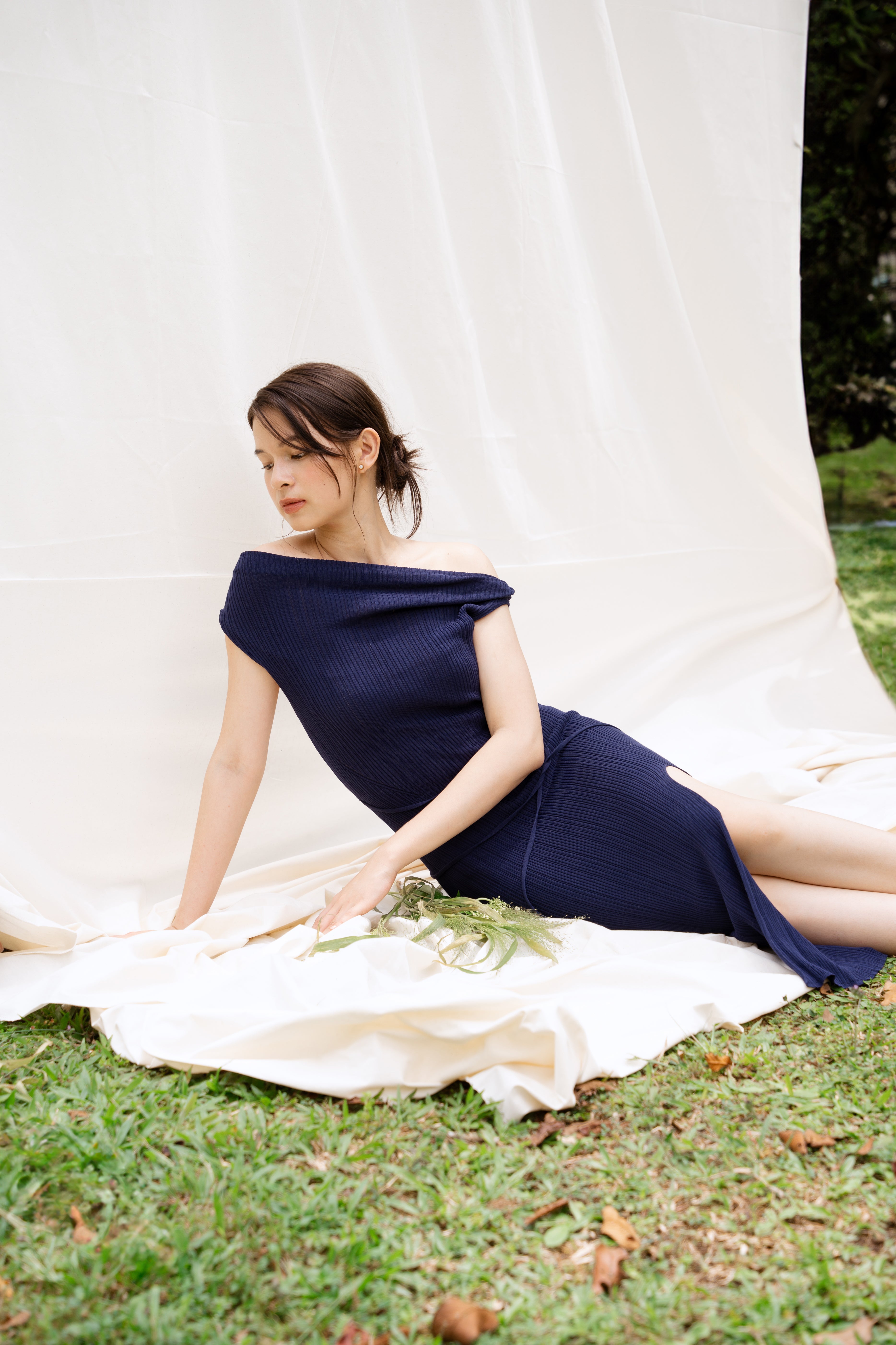 hello ronron | Louise Dress Oxford Blue | Cowl Neck Tie-Detail Off-Shoulder High-Slit Maxi Ribbed Knit Dress