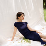 hello ronron | Louise Dress Oxford Blue | Cowl Neck Tie-Detail Off-Shoulder High-Slit Maxi Ribbed Knit Dress