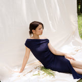 hello ronron | Louise Dress Oxford Blue | Cowl Neck Tie-Detail Off-Shoulder High-Slit Maxi Ribbed Knit Dress