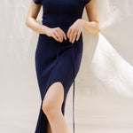 hello ronron | Louise Dress Oxford Blue | Cowl Neck Tie-Detail Off-Shoulder High-Slit Maxi Ribbed Knit Dress