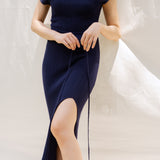 hello ronron | Louise Dress Oxford Blue | Cowl Neck Tie-Detail Off-Shoulder High-Slit Maxi Ribbed Knit Dress