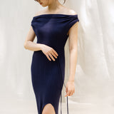 hello ronron | Louise Dress Oxford Blue | Cowl Neck Tie-Detail Off-Shoulder High-Slit Maxi Ribbed Knit Dress