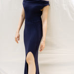 hello ronron | Louise Dress Oxford Blue | Cowl Neck Tie-Detail Off-Shoulder High-Slit Maxi Ribbed Knit Dress