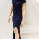 hello ronron | Louise Dress Oxford Blue | Cowl Neck Tie-Detail Off-Shoulder High-Slit Maxi Ribbed Knit Dress