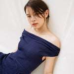 hello ronron | Louise Dress Oxford Blue | Cowl Neck Tie-Detail Off-Shoulder High-Slit Maxi Ribbed Knit Dress