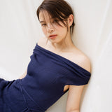 hello ronron | Louise Dress Oxford Blue | Cowl Neck Tie-Detail Off-Shoulder High-Slit Maxi Ribbed Knit Dress