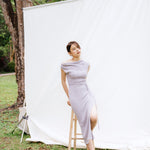 hello ronron | Louise Dress Taupe Gray | Cowl Neck Tie-Detail Off-Shoulder High-Slit Maxi Ribbed Knit Dress