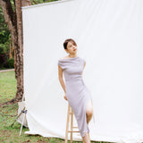 hello ronron | Louise Dress Taupe Gray | Cowl Neck Tie-Detail Off-Shoulder High-Slit Maxi Ribbed Knit Dress