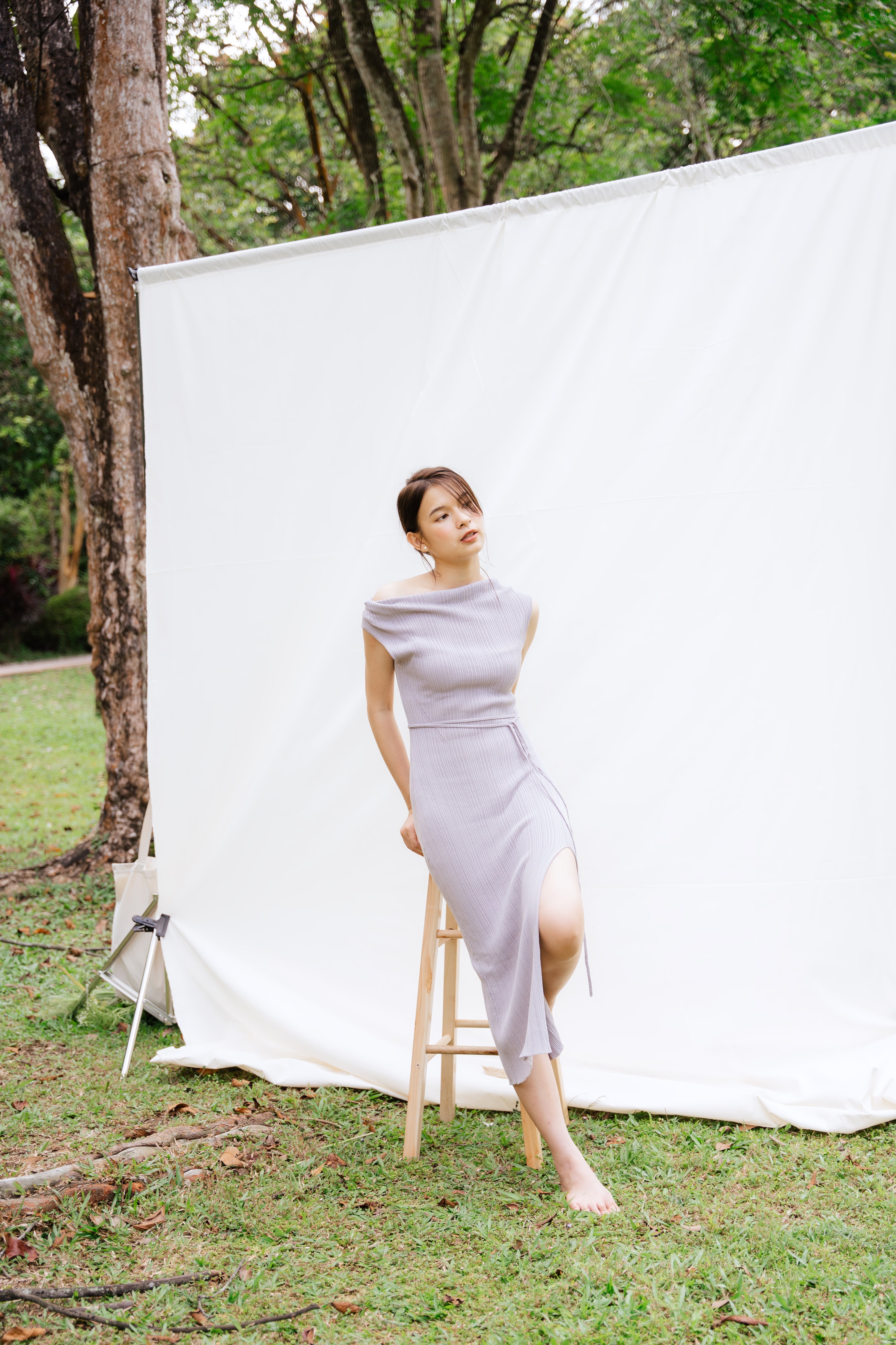 hello ronron | Louise Dress Taupe Gray | Cowl Neck Tie-Detail Off-Shoulder High-Slit Maxi Ribbed Knit Dress