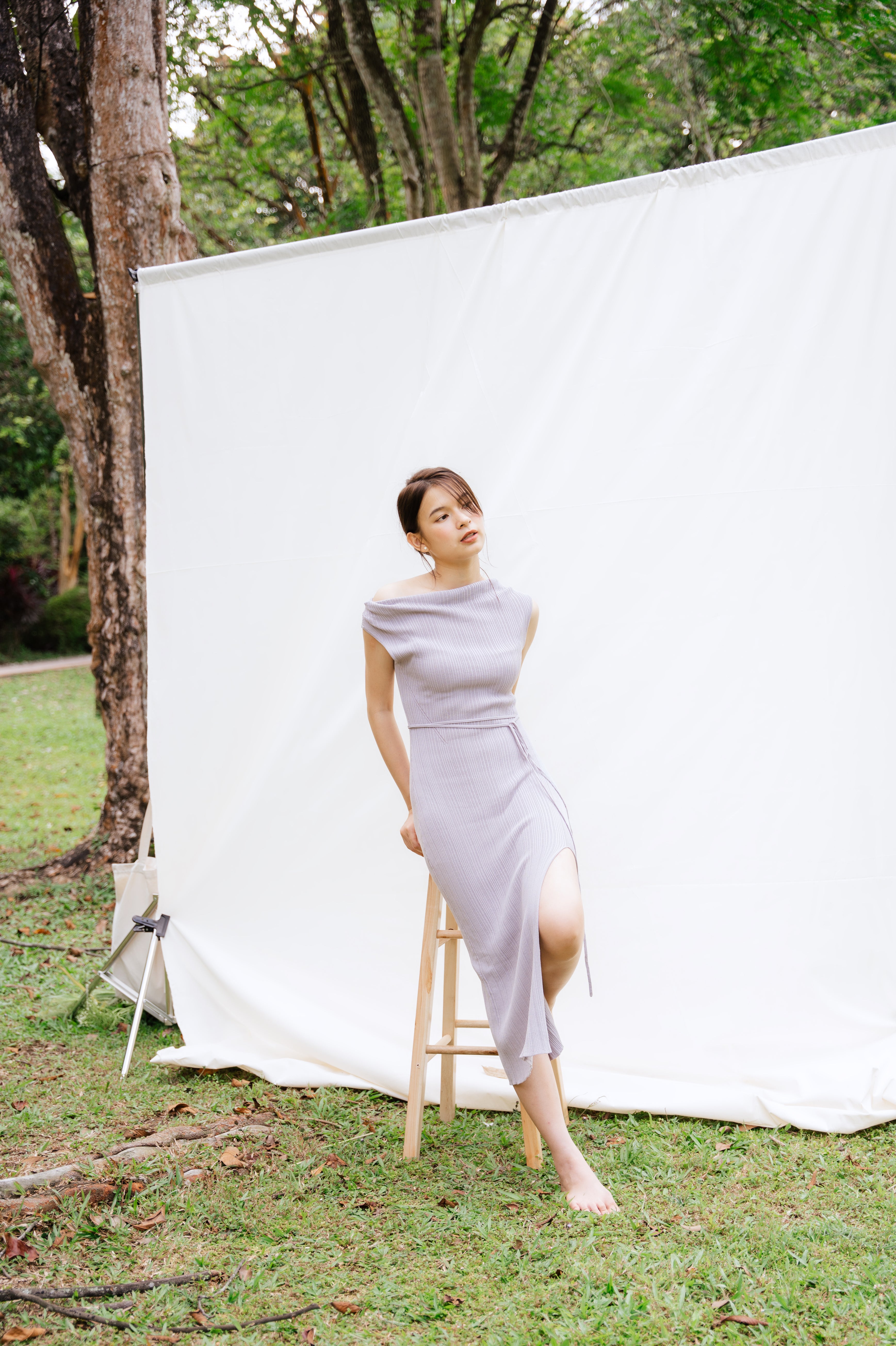 hello ronron | Louise Dress Taupe Gray | Cowl Neck Tie-Detail Off-Shoulder High-Slit Maxi Ribbed Knit Dress