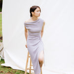 hello ronron | Louise Dress Taupe Gray | Cowl Neck Tie-Detail Off-Shoulder High-Slit Maxi Ribbed Knit Dress
