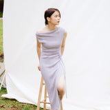hello ronron | Louise Dress Taupe Gray | Cowl Neck Tie-Detail Off-Shoulder High-Slit Maxi Ribbed Knit Dress