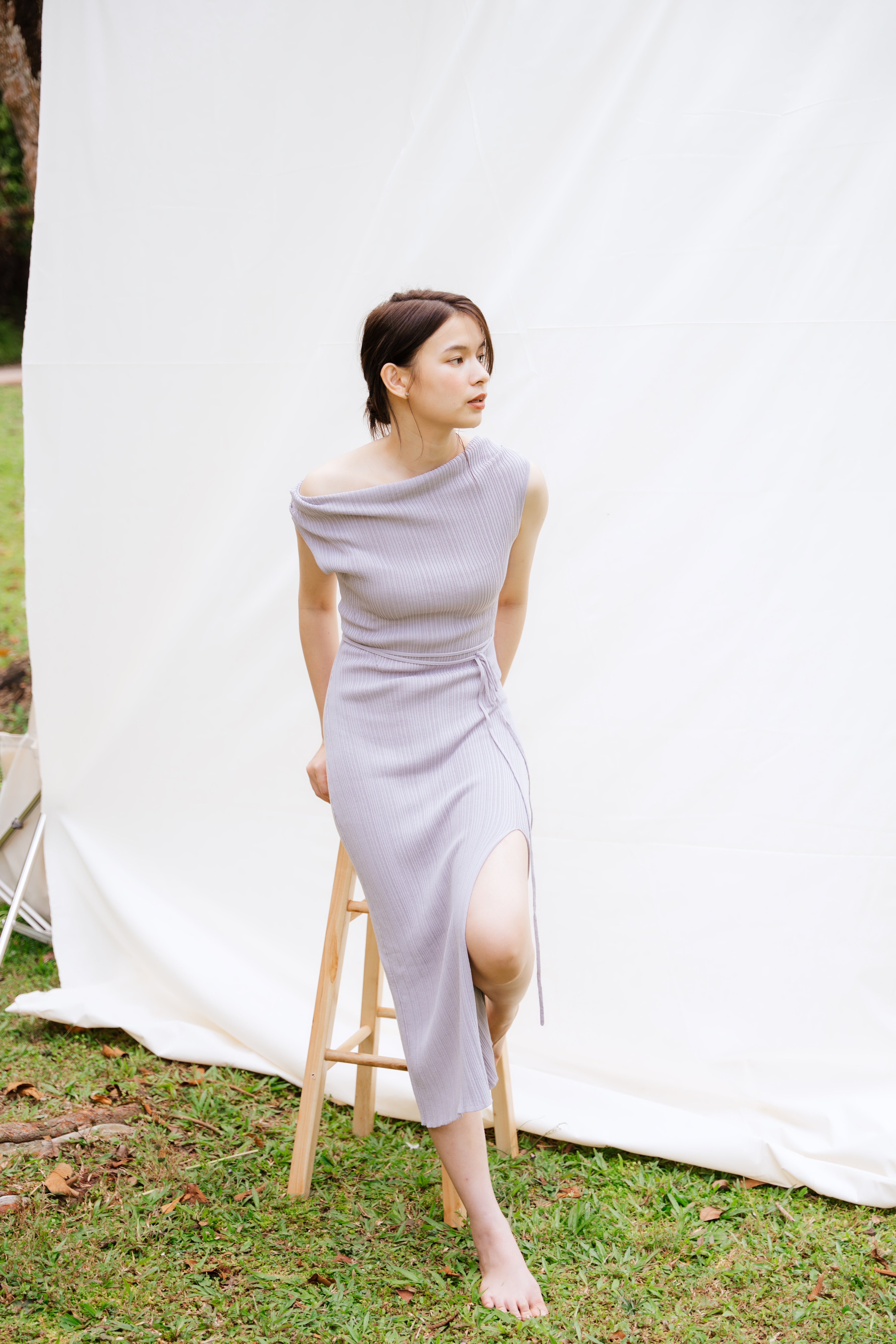 hello ronron | Louise Dress Taupe Gray | Cowl Neck Tie-Detail Off-Shoulder High-Slit Maxi Ribbed Knit Dress