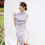 hello ronron | Louise Dress Taupe Gray | Cowl Neck Tie-Detail Off-Shoulder High-Slit Maxi Ribbed Knit Dress