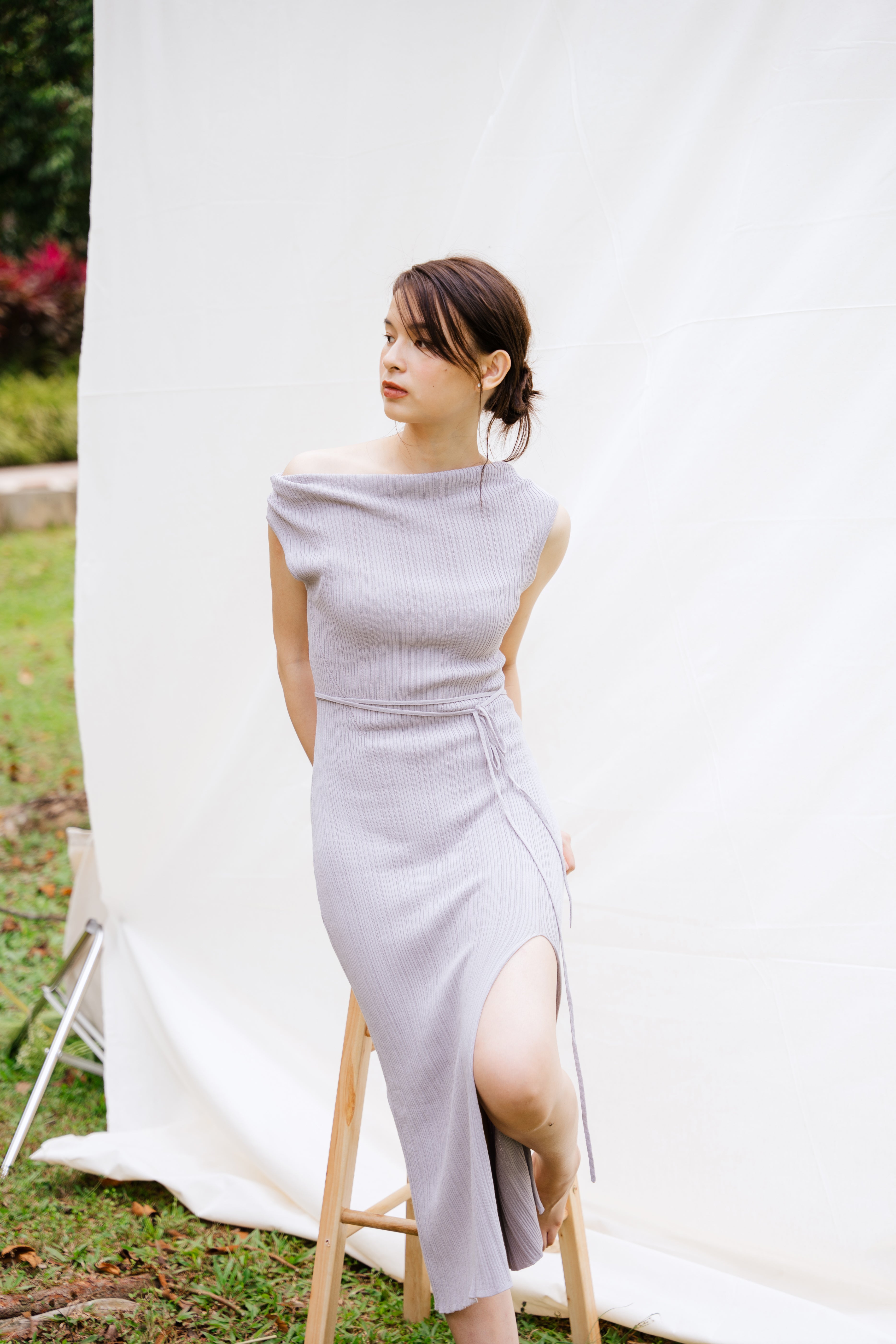 hello ronron | Louise Dress Taupe Gray | Cowl Neck Tie-Detail Off-Shoulder High-Slit Maxi Ribbed Knit Dress