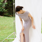 hello ronron | Louise Dress Taupe Gray | Cowl Neck Tie-Detail Off-Shoulder High-Slit Maxi Ribbed Knit Dress