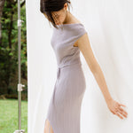 hello ronron | Louise Dress Taupe Gray | Cowl Neck Tie-Detail Off-Shoulder High-Slit Maxi Ribbed Knit Dress