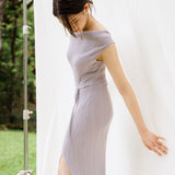 hello ronron | Louise Dress Taupe Gray | Cowl Neck Tie-Detail Off-Shoulder High-Slit Maxi Ribbed Knit Dress