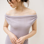 hello ronron | Louise Dress Taupe Gray | Cowl Neck Tie-Detail Off-Shoulder High-Slit Maxi Ribbed Knit Dress