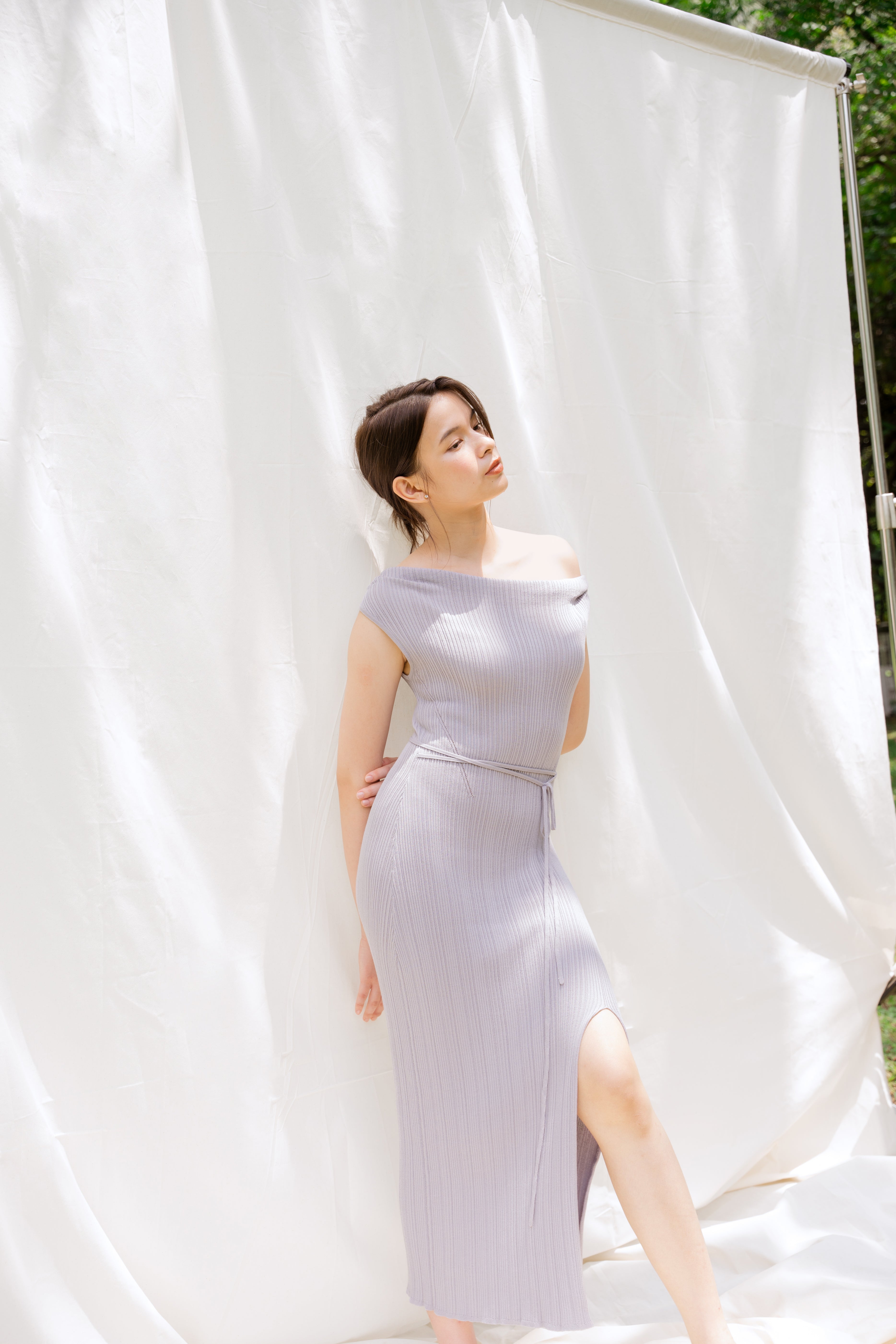 hello ronron | Louise Dress Taupe Gray | Cowl Neck Tie-Detail Off-Shoulder High-Slit Maxi Ribbed Knit Dress