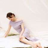 hello ronron | Louise Dress Taupe Gray | Cowl Neck Tie-Detail Off-Shoulder High-Slit Maxi Ribbed Knit Dress